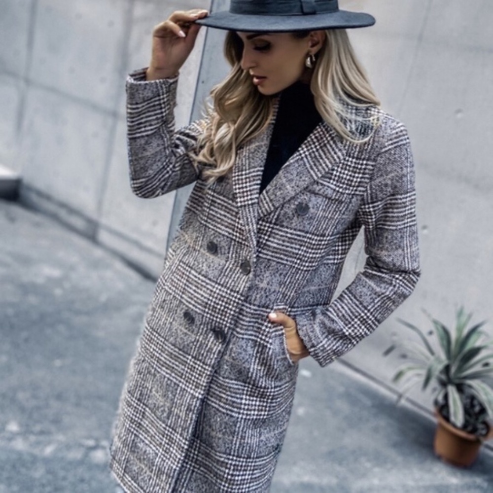 Classic black plaid trench fall button pea coat jacket - Picture 3 of 7